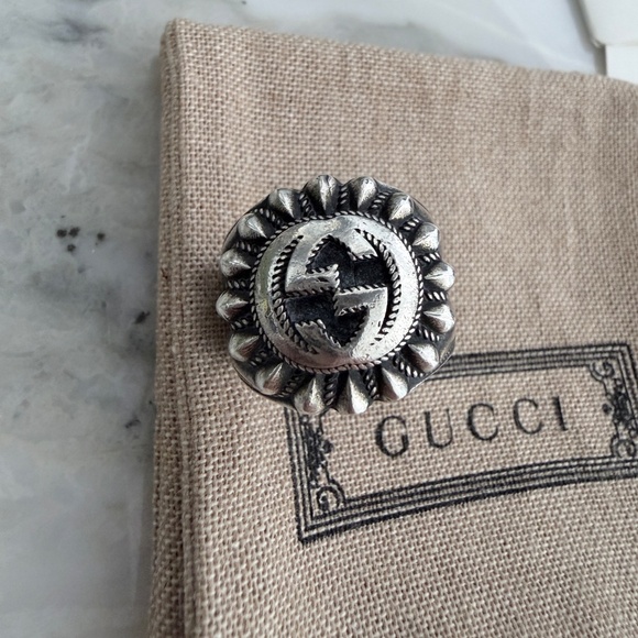 GUCCI AG925 Interlocking G GG Logo Ster Silver Signet Ring Size IT 13/ US 6.75 - Picture 10 of 16